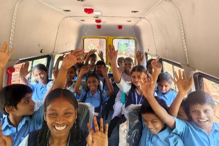 inside School on Wheels - a vehicle equipped with educational instruments, toys and books